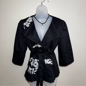 Scott Taylor Black Jacket with Belt Embroidery Pleated Flared Business Casual